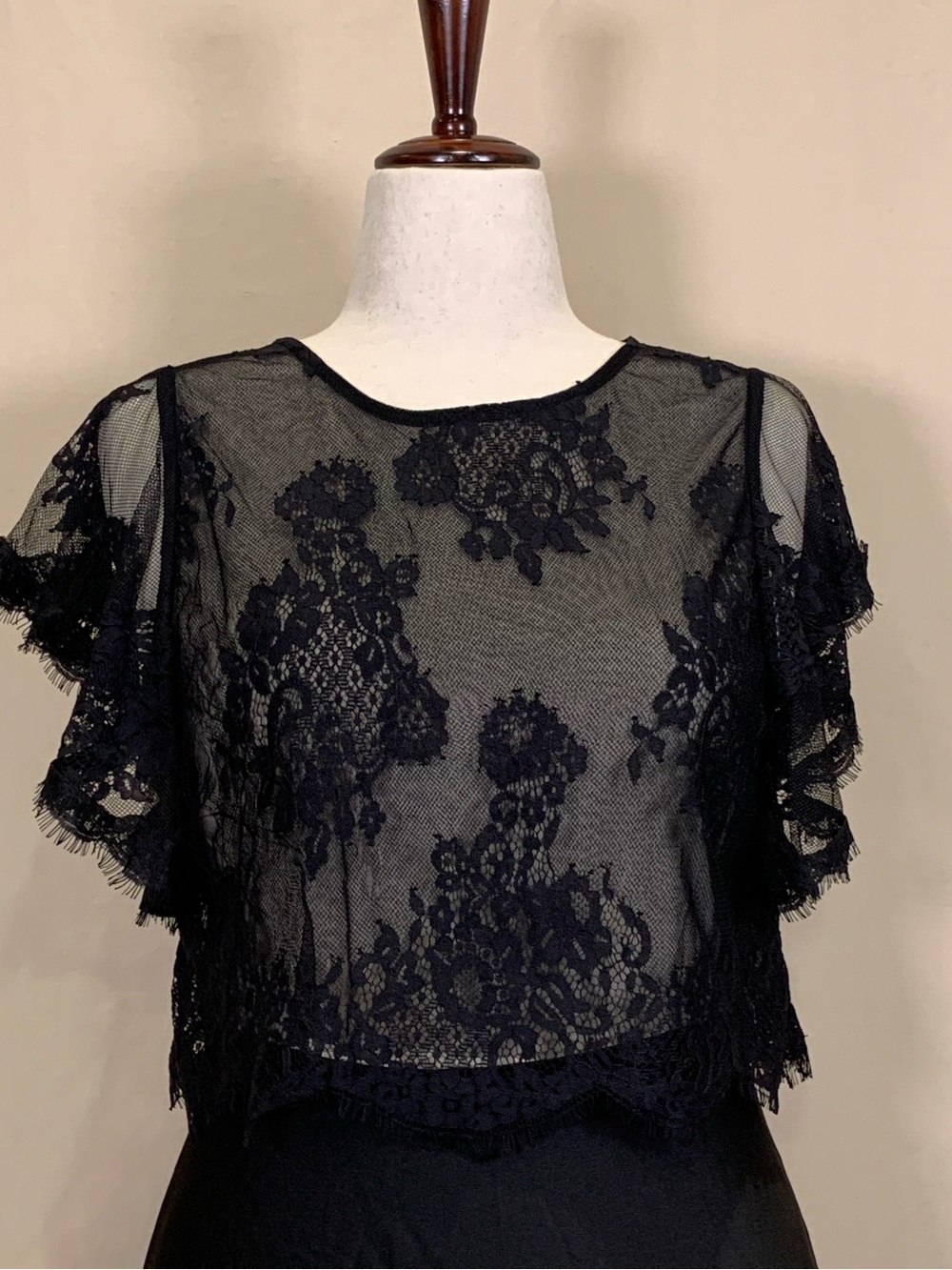 Free People Black Lace Flutter Sleeve Top Size M